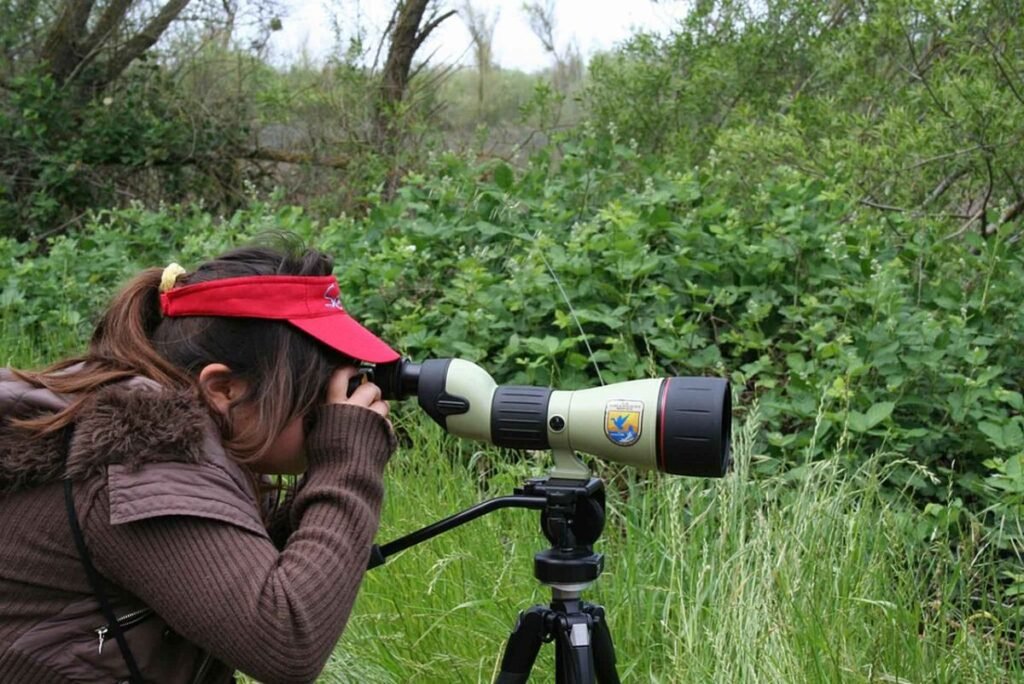 Woman photographer with a camera with a lens