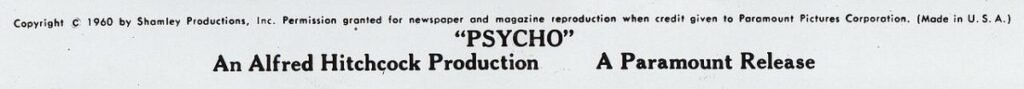Shamley Productions copyright notice for Psycho publicity still in 1960