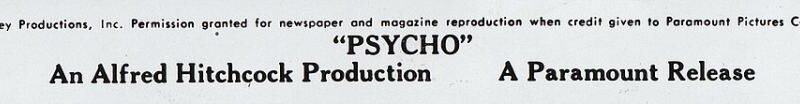 Shamley Productions copyright notice for Psycho publicity still in 1960