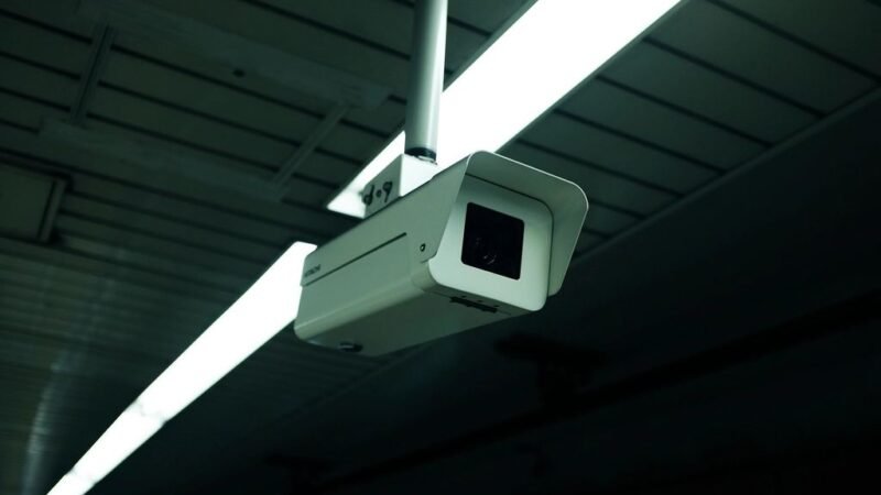 White surveillance camera monitoring dark