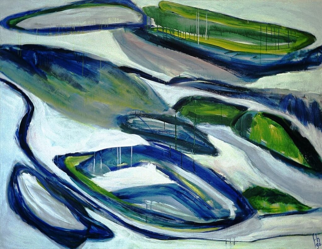 Abstract snow landscape painting in the Dutch dunes by Fons Heijnsbroek, painted in 1989