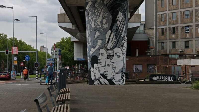 2024 - free download photo Rotterdam, the metro viaduct track with a huge concrete column, painted as street art mural of faces; location is the metro stop Maashaven Zuidzijde; Dutch street photography Fons Heijnsbroek, The Netherlands