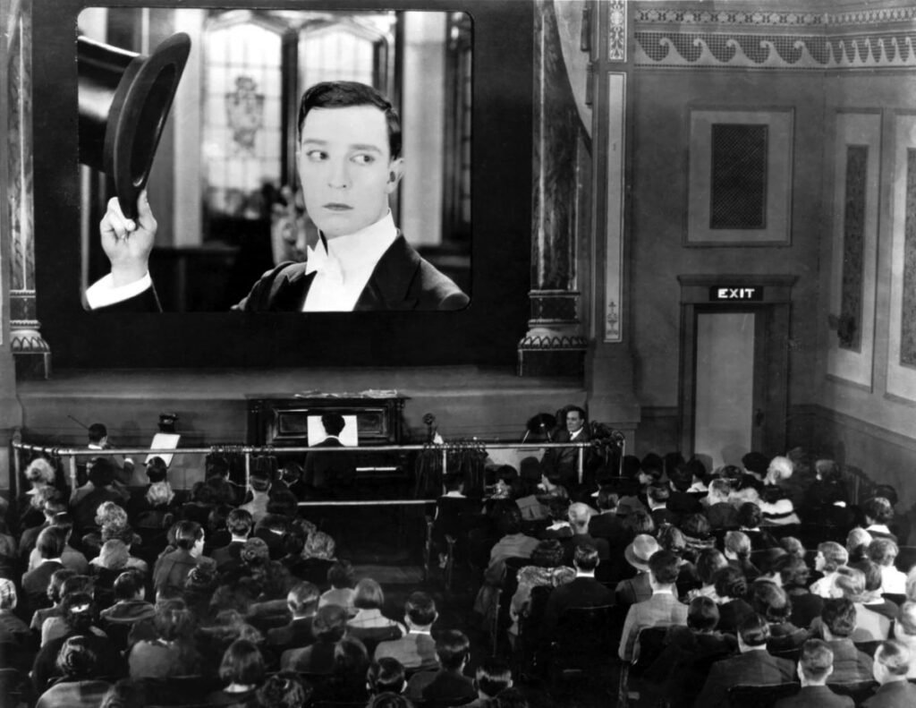 Silent film theater in Sherlock Jr., 1924, with Buster Keaton