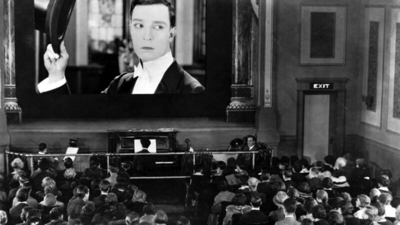 Silent film theater in Sherlock Jr., 1924, with Buster Keaton
