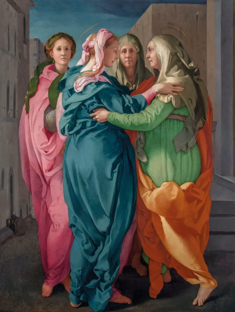 Pontormo, Visitazione: Maria ed Elisabetta si incontrano davanti a due figure femminili, avvolte in vesti dai colori intensi.